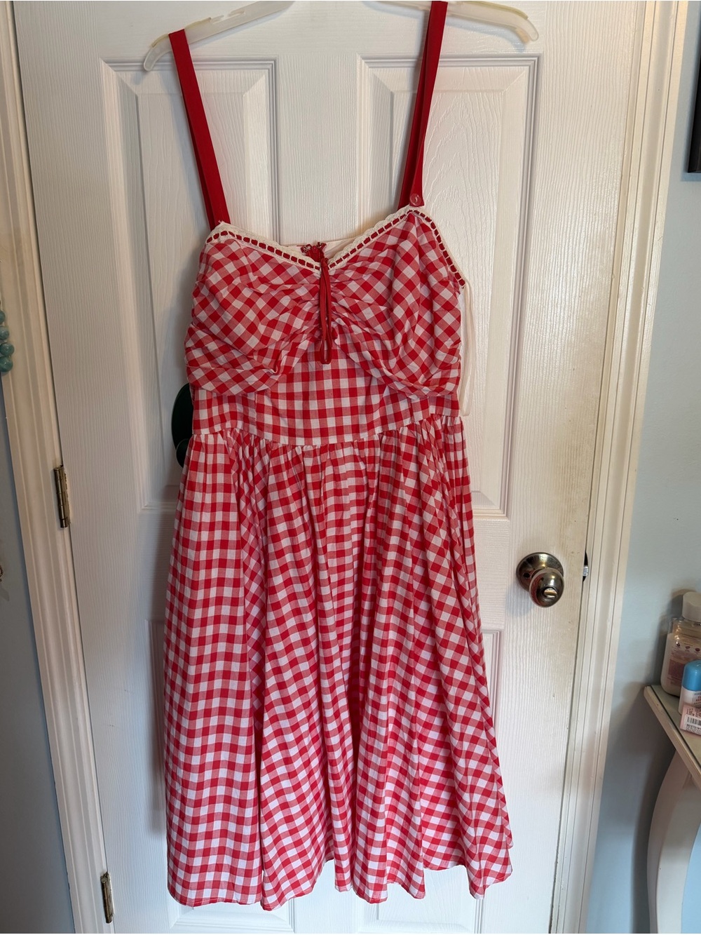 Red Pink Unique Vintage Gingham Sundress with Spaghetti Straps